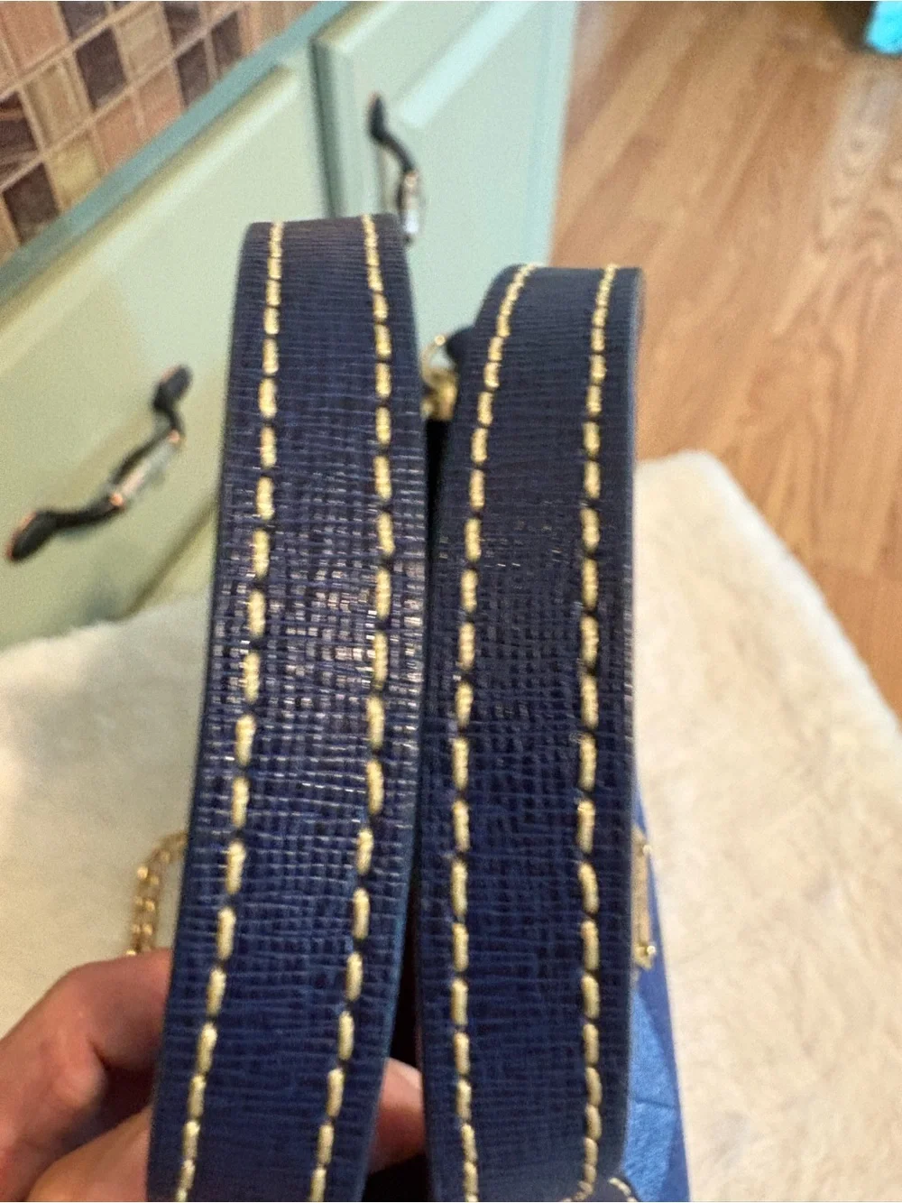 Dooney & Bourke Blue Chevron Satchel with Gold Chain Strap